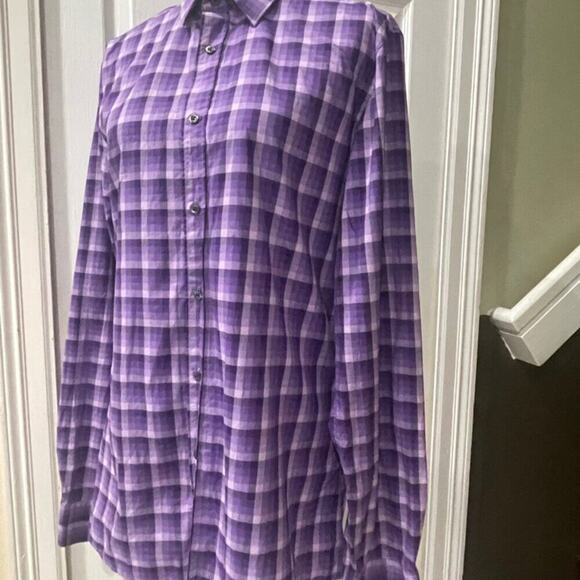 HUGO BOSS SLIM BUTTON UP LONG SLEEVE SHIRT PLAID PURPLE COLOR SIZE LARGE - Picture 13 of 16
